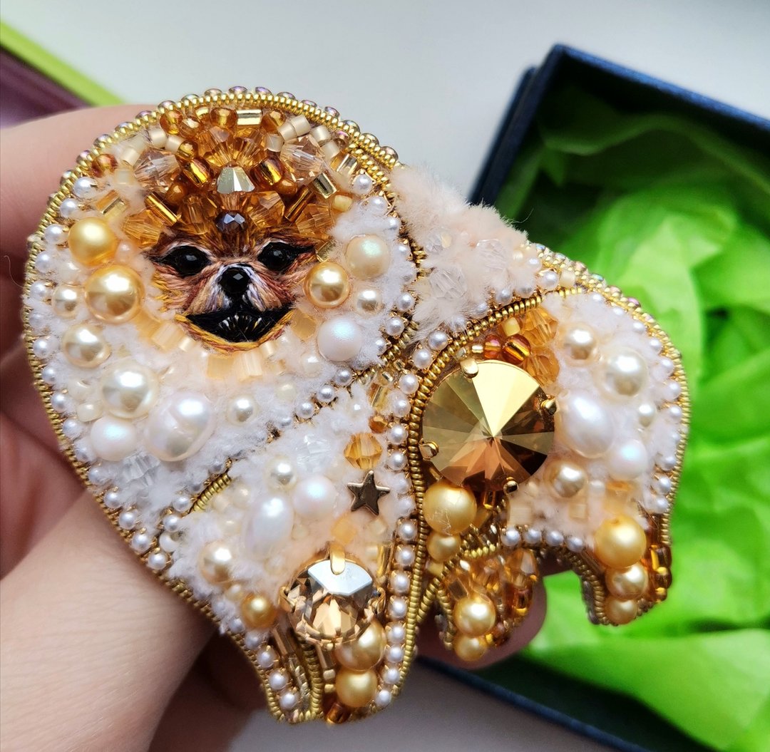 博美犬宠物肖像胸针、博美犬饰品、狗狗比赛号码夹、 - 胸针 - 玻璃 金色