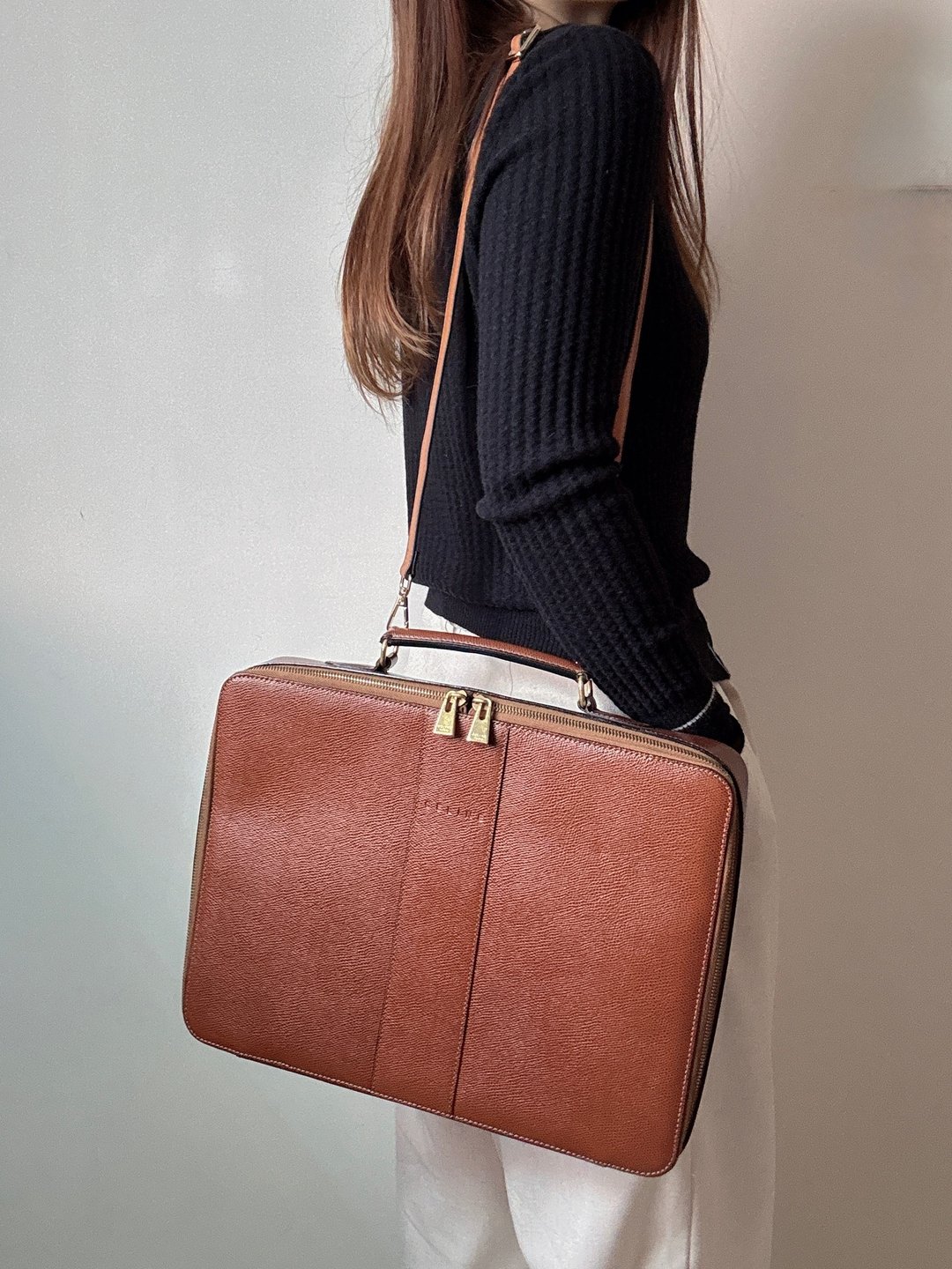 中古正品 Celine 席琳 金棕色真皮公文包 通勤包 笔电包 - 电脑包 - 真皮 咖啡色