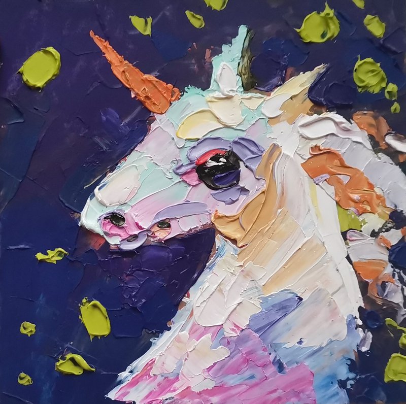 Unicorn Painting Fairy Original Art Oil Painting Wall Decor Horse Artwork - 海报/装饰画/版画 - 压克力 紫色