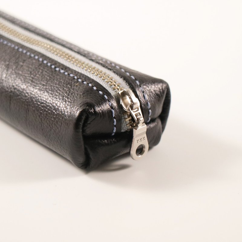 经典款皮制笔袋/收纳包 - 黑色亮面小荔枝纹+浅蓝灰拉链 - 铅笔盒/笔袋 - 真皮 黑色