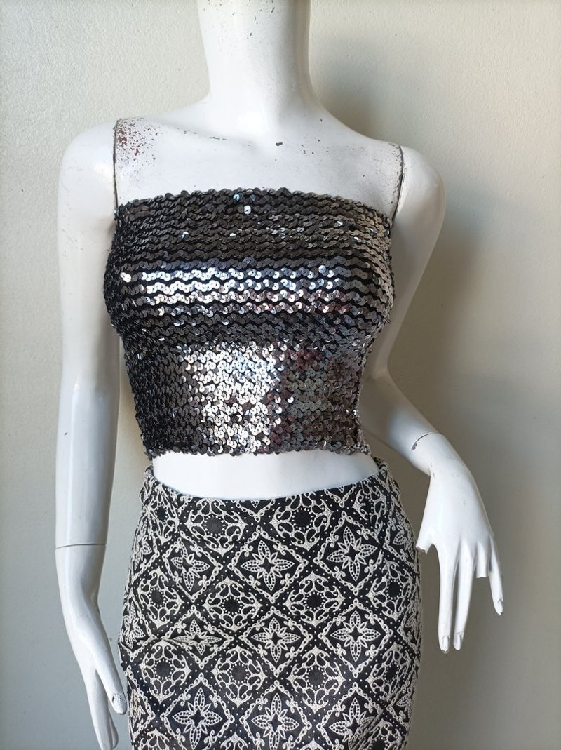 复古 Dolce Gabbana 90年代 短版上衣 马甲 亮片 露肩 尺寸 24/38 - 女装上衣 - 其他金属 