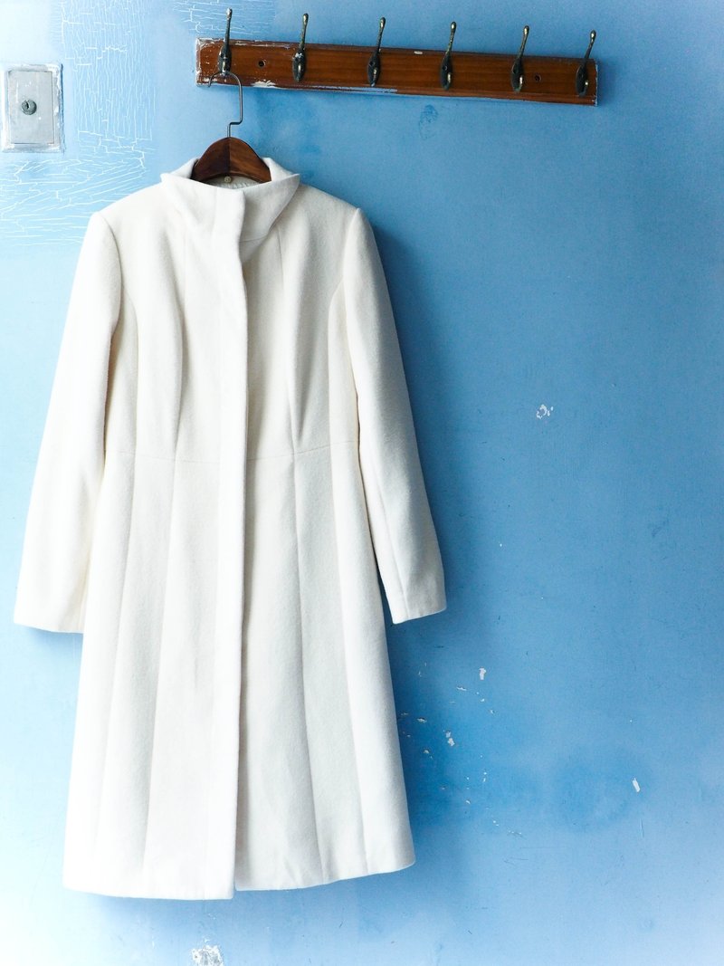 河水山 - 纯净洁白熊本软绵绵放木山 小立领 羊呢古董毛质大衣外套 羊毛 毛呢 古着 wool vintage overcoat - 女装休闲/机能外套 - 棉．麻 白色