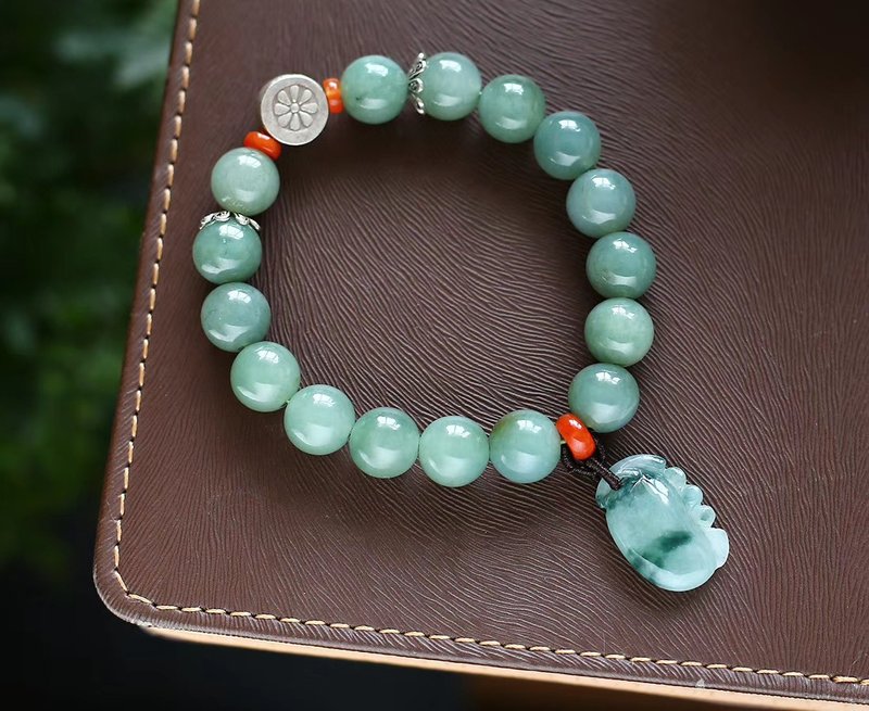 纯天然A货翡翠10MM手链 点缀天然A货翡翠福瓜吊坠 上手超美 - 手链/手环 - 玉石 