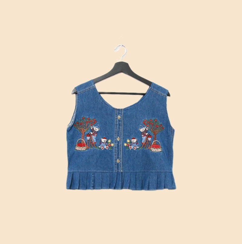 Back to Green-丹宁刺绣背心 小熊 苹果树 dv-28//vintage vest - 女装背心 - 棉．麻 