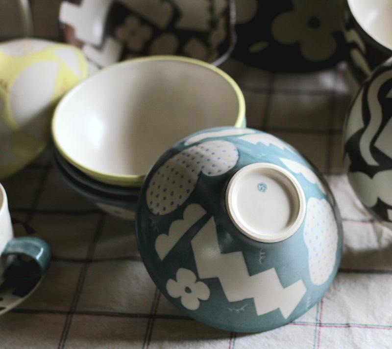 彩色几何 - 斗笠碗 |黄、蓝 - 碗 - 瓷 白色