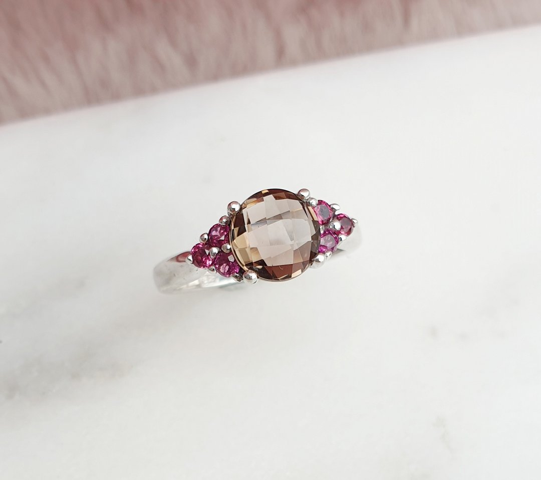 Smoky quartz ring, Rhodolite garnet, 925 Silver, white gold plated - 戒指 - 宝石 咖啡色