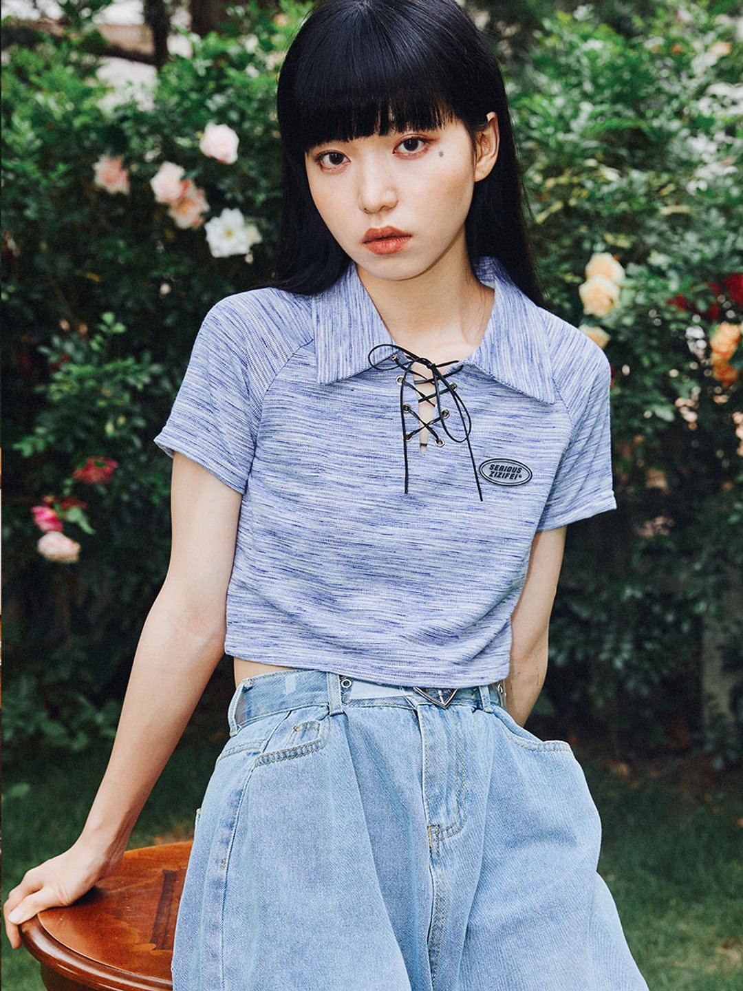 ziziFei复古系带POLO领上衣夏女甜辣风高腰短袖修身原创设计短款 - 女装上衣 - 其他材质 紫色