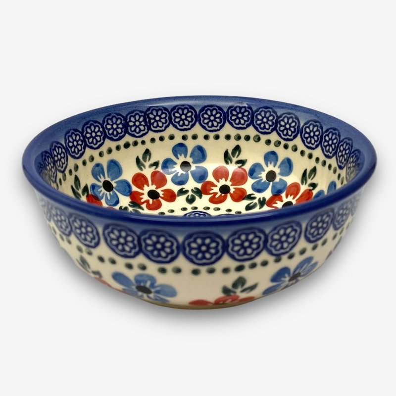波兰手绘手工陶 - 饭碗 小碗 点心碗 早餐碗 13cm 蓝红小梅系列 - 碗 - 陶 蓝色