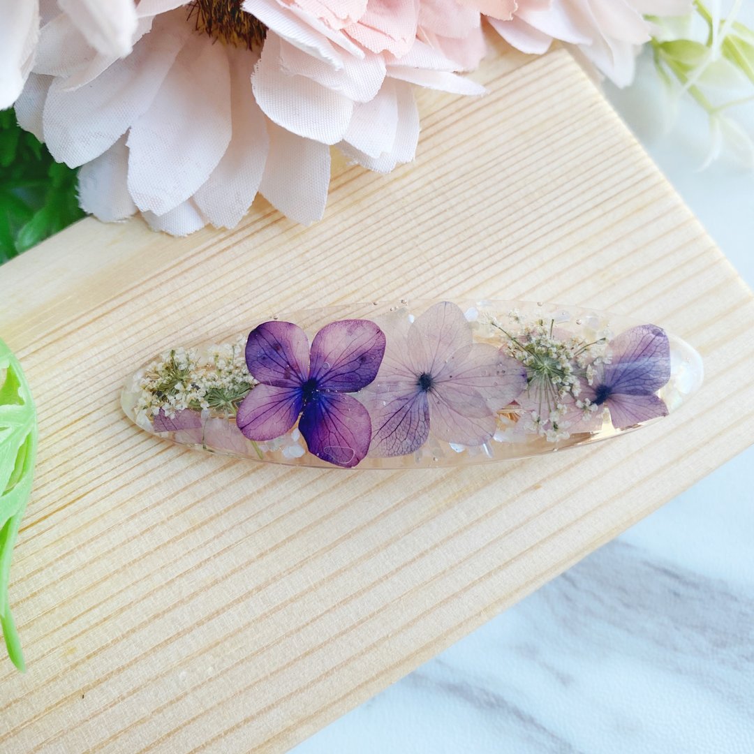 真花押花 绣球花蕾丝花发夹 㰐圆形发饰 真花发饰 - 发饰 - 植物．花 紫色