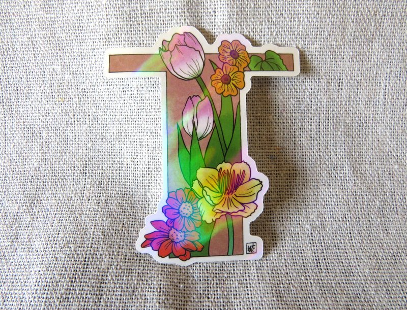 字母T - 极光花卉植物字母防水贴纸 - 贴纸 - 纸 