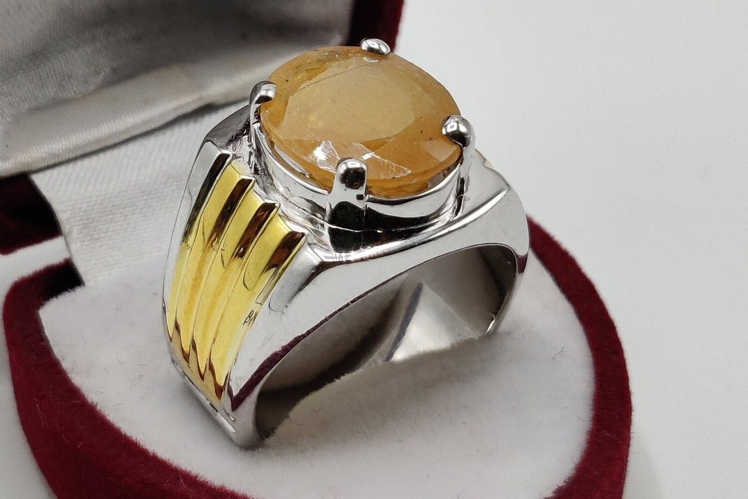 天然椭圆形切割深黄色蓝宝石 Pukhraj 925 纯银戒指 手工制作 - 戒指 - 宝石 黄色