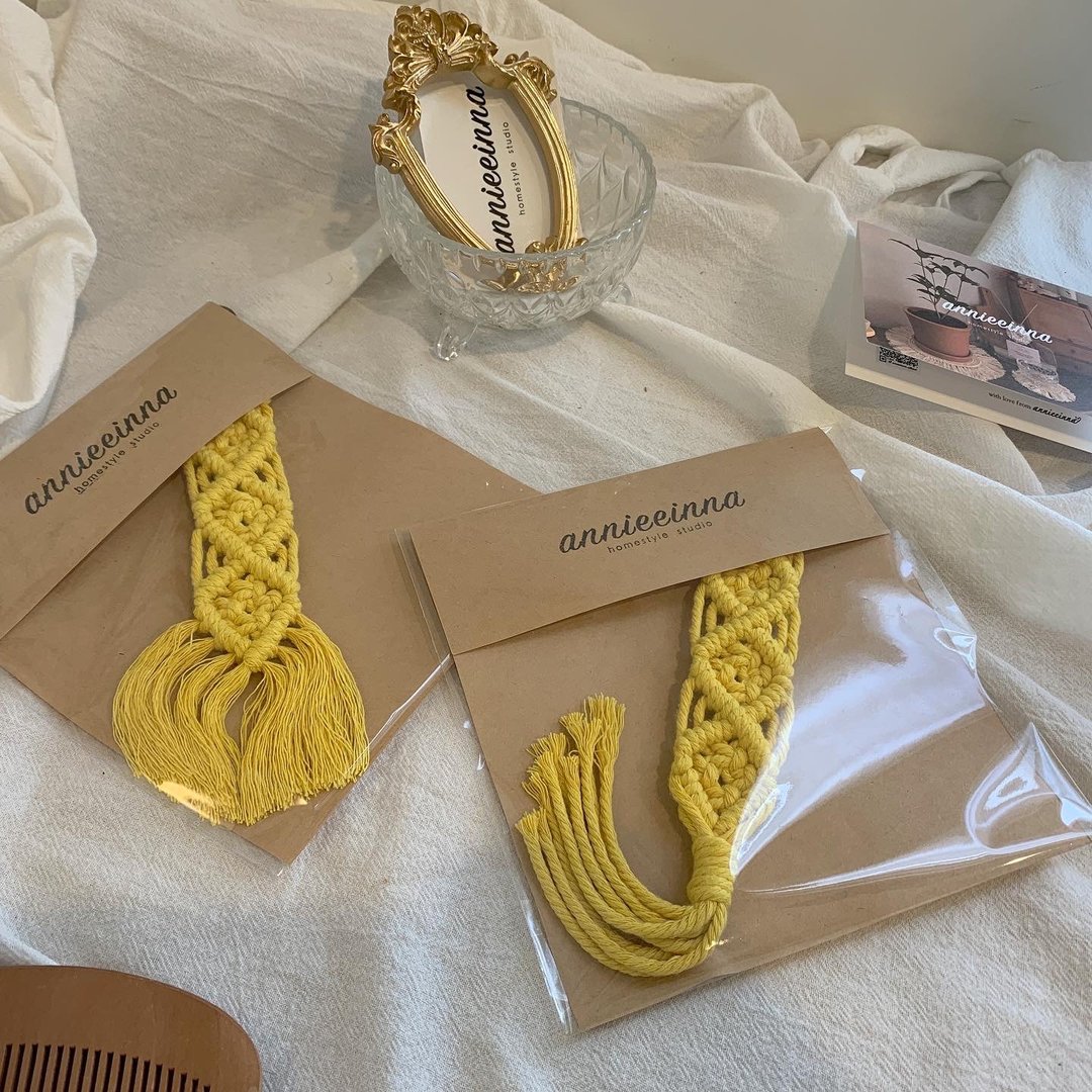 Macrame  手工 编织 金典 菱形 钥匙圈 (M) - 钥匙链/钥匙包 - 棉 黄色