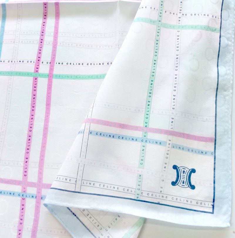 Celine 古着丝巾 – 织纹棉佐多彩格纹线条 23 x 22.5 英寸 - 丝巾 - 棉．麻 透明