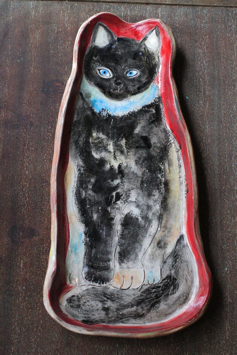 纯手捏优雅黑猫大陶盘 - 盘子/餐盘/盘架 - 陶 黑色
