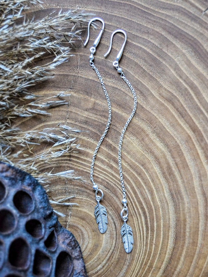 Silver 925 Long Earrings with Feather Wedding Jewelry for Her - 耳环/耳夹 - 纯银 银色