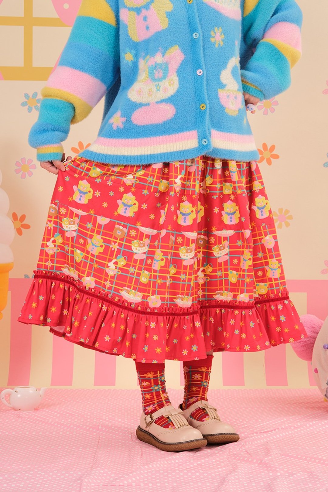 昭和甜品屋重工毛巾绣拼接花边半裙 日系可爱少女 - 裙子 - 棉 多色