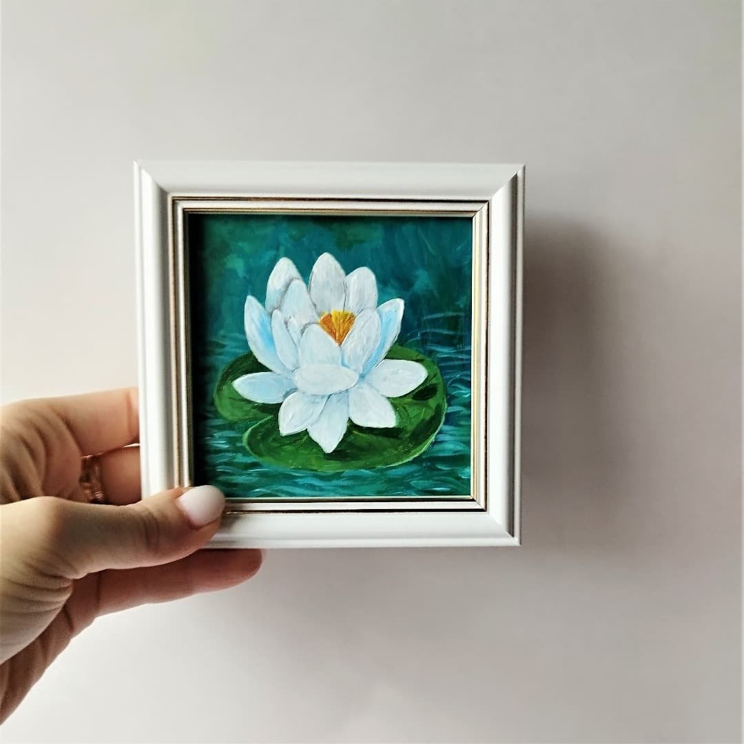 Lotus pond original painting / Water lily drawing / White lily art - 墙贴/壁贴 - 压克力 多色
