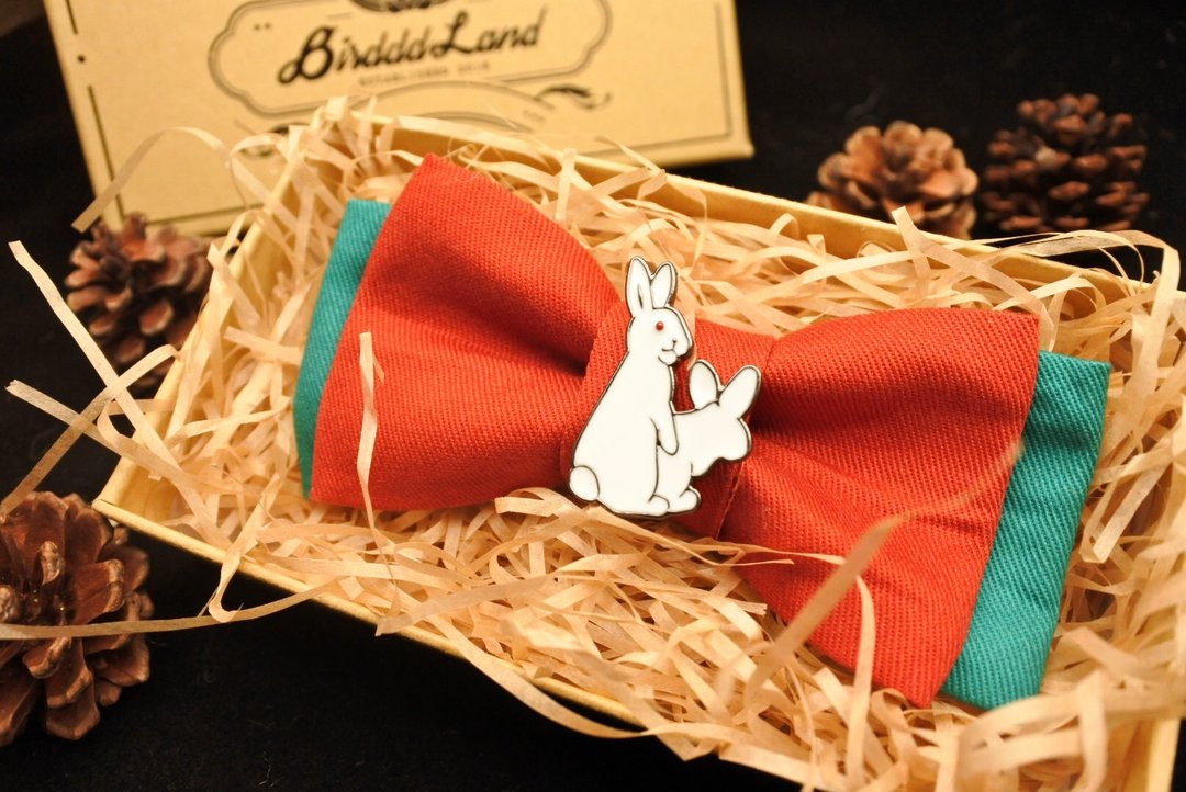 原創手工領結 Oh Rabbit 聖誕復古撞色領結 調皮兔子 聖誕禮物 - 领结/领巾 - 棉 红色