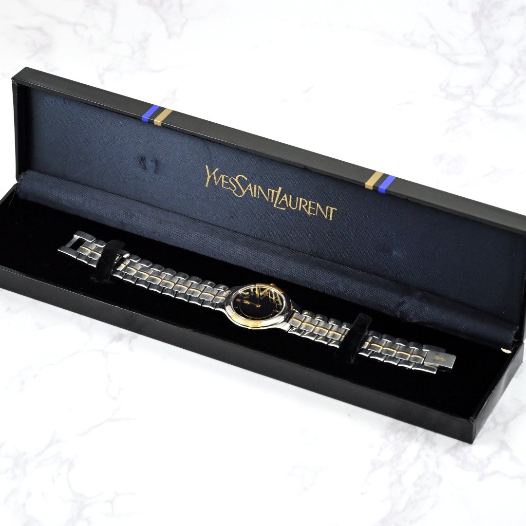 复古 Yves Saint Laurent YSL YVES SAINT LAURENT 女士手表石英黑色表盘不锈钢盒日本发货 - 女表 - 不锈钢 黑色