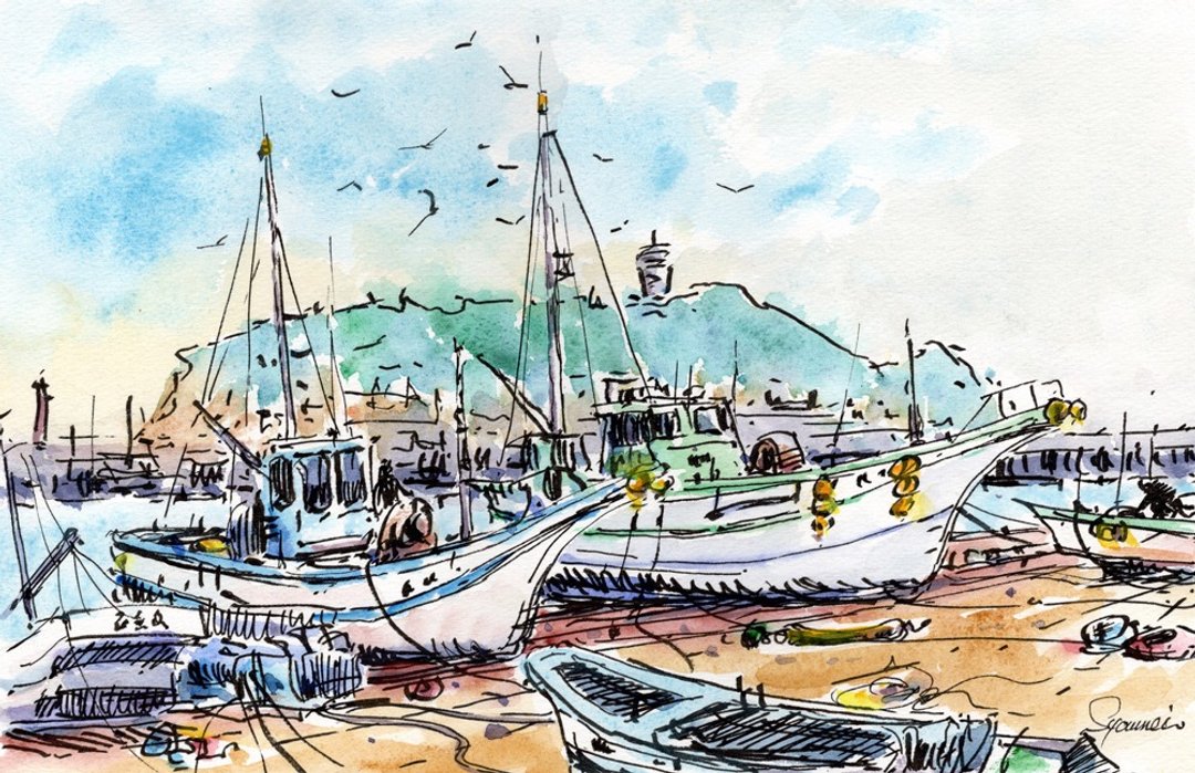 水彩画原画 腰越渔港风景 A - 海报/装饰画/版画 - 纸 蓝色
