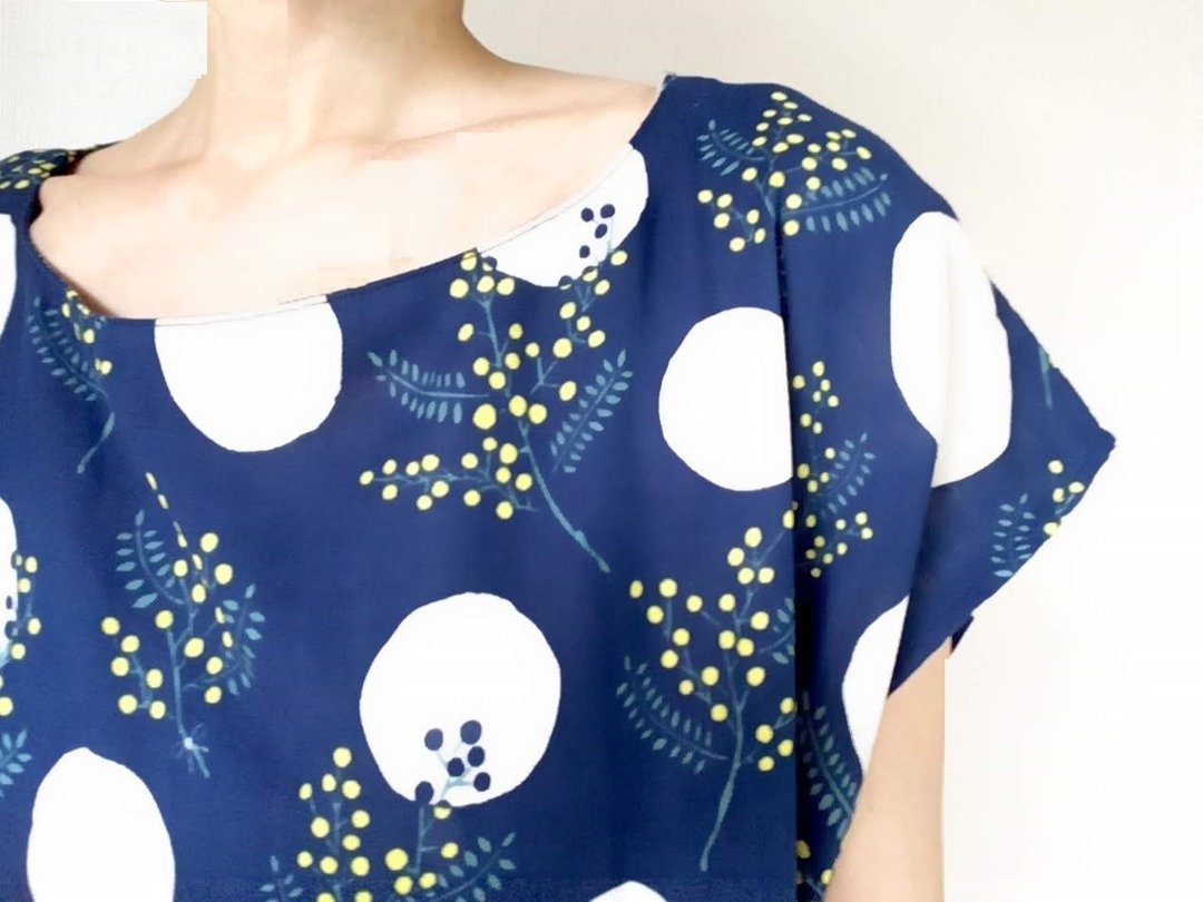 Mimosa pattern gather one piece double gauze short sleeve navy - 洋装/连衣裙 - 棉 蓝色
