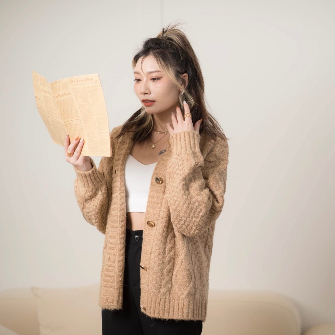 玫瑰金扣羊毛针织外套 四色 - 女装针织衫/毛衣 - 聚酯纤维 蓝色