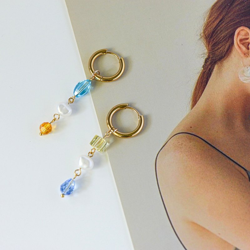 彩虹色不对称施家水晶天然珍珠耳环 - 耳环/耳夹 - 其他材质 多色