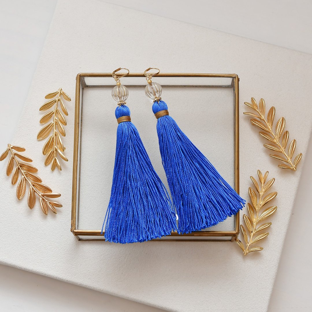 耳夹／Volume tassel earrings／蓝色 - 耳环/耳夹 - 棉 蓝色
