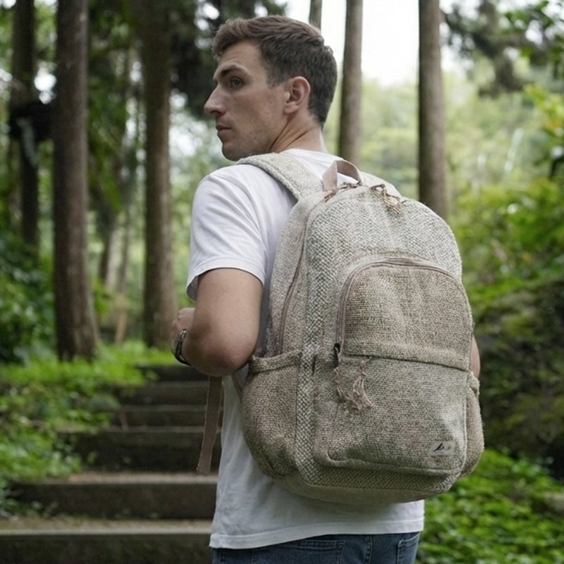 升级款 100%hemp大麻纤维大容量男女通用后背包 _公平贸易 - 后背包/双肩包 - 棉．麻 卡其色