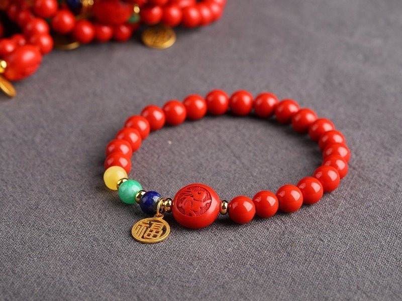 天然原矿朱砂精品红砂十二生肖转运手链 规格7mm 朱砂含量高95%以 - 手链/手环 - 宝石 