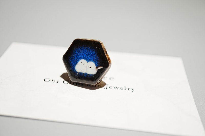 蓝色美浓烧与山雀的腰带扣 马尾夹 - 其他 - 陶 蓝色