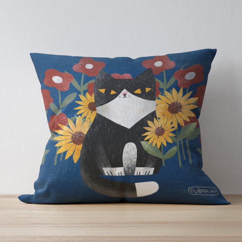 【Flora原创设计】奔驰花喵 | 38*38cm 方形抱枕(含枕心) - 枕头/抱枕 - 聚酯纤维 蓝色