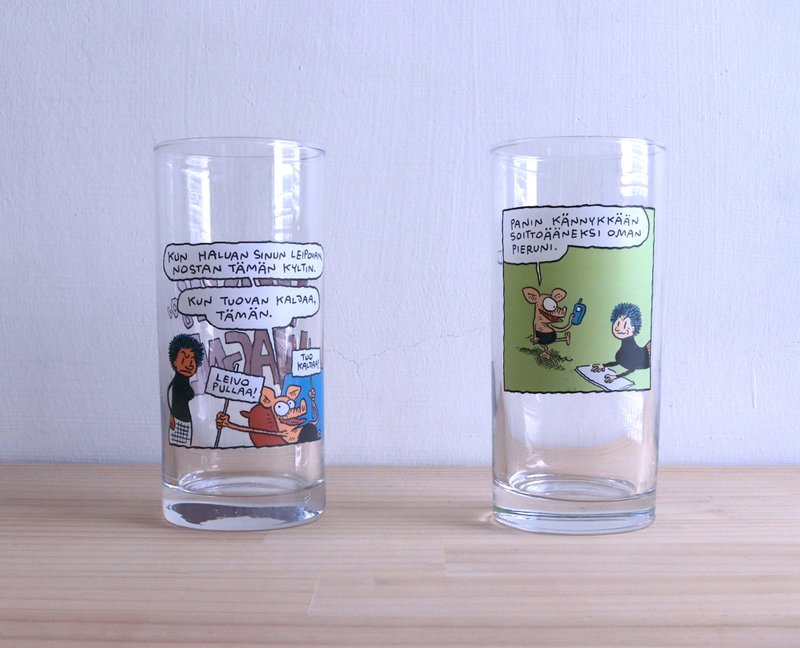 北欧老件芬兰漫画 Viivi 和 Wagner 90年代厚底玻璃杯 - 玻璃杯 - 玻璃 多色