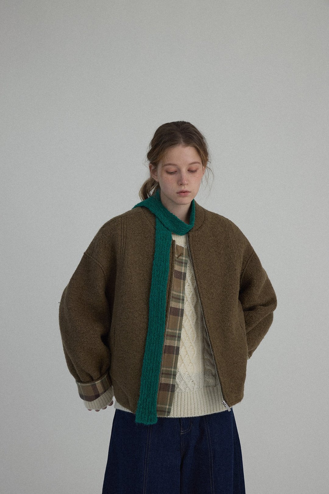 挪威森林 复古羊毛棒球服夹克外套 - 女装休闲/机能外套 - 其他材质 绿色