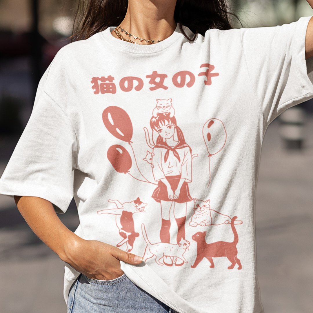 Kawaii Anime Cat Girl Streetwear 100% Cotton Unisex T-Shirt - 男装衬衫 - 棉 多色