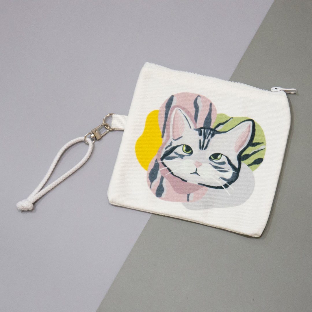 猫咪插画帆布小袋白色-美国短毛猫 - 化妆包/杂物包 - 聚酯纤维 白色