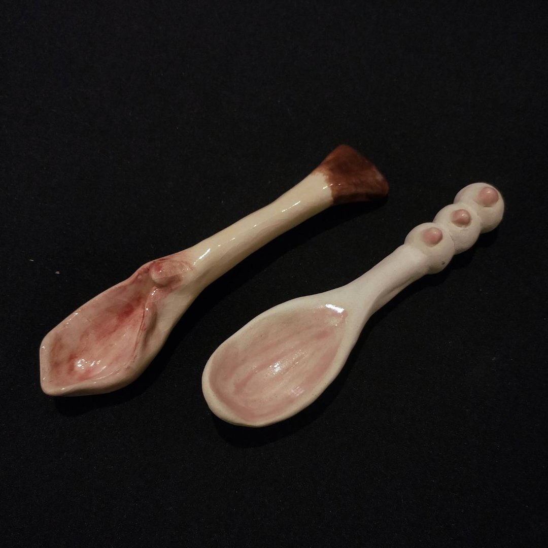 恶趣味 私密处/乳头 手捏陶瓷汤匙 - 餐刀/叉/匙组合 - 陶 粉红色