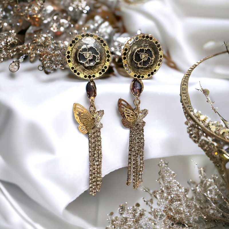 【蝴蝶花】复古蝴蝶花垂坠耳环 / 独特优雅古典气质耳饰首饰 - 耳环/耳夹 - 水晶 咖啡色
