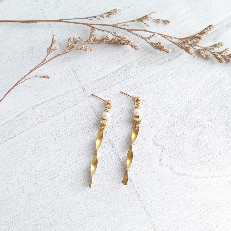 独家 - 纯黄铜 淡水珍珠 彩带扭扭条 复古系列耳环 925纯银耳针 - 耳环/耳夹 - 铜/黄铜 金色