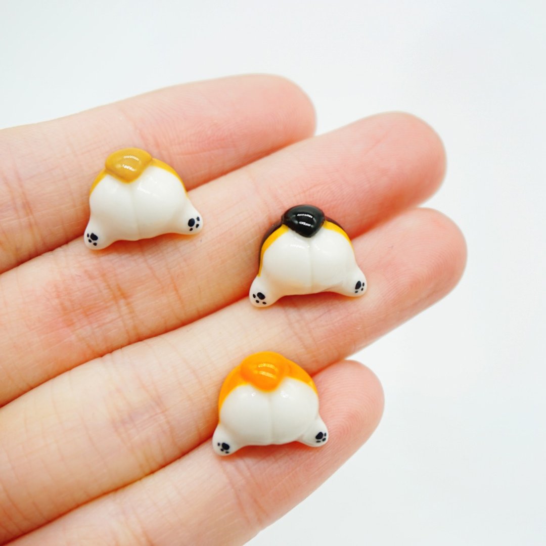 柯基屁屁耳钉耳环耳夹 超治愈狗狗耳饰 生日礼物 corgi lovers - 耳环/耳夹 - 粘土 银色
