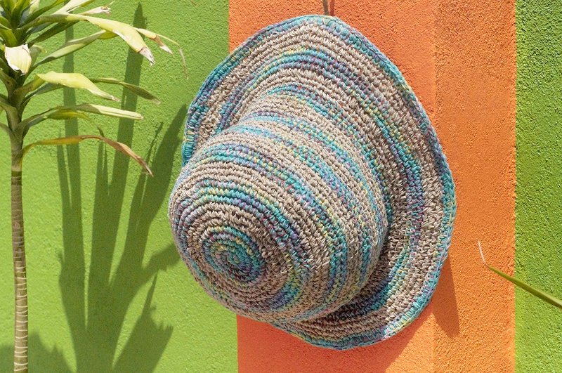 七夕礼物 限量手工编织棉麻帽/编织帽/渔夫帽/遮阳帽/草帽 -  热带雨林的蓝色天空 缤纷条纹 手织帽 - 帽子 - 棉．麻 多色