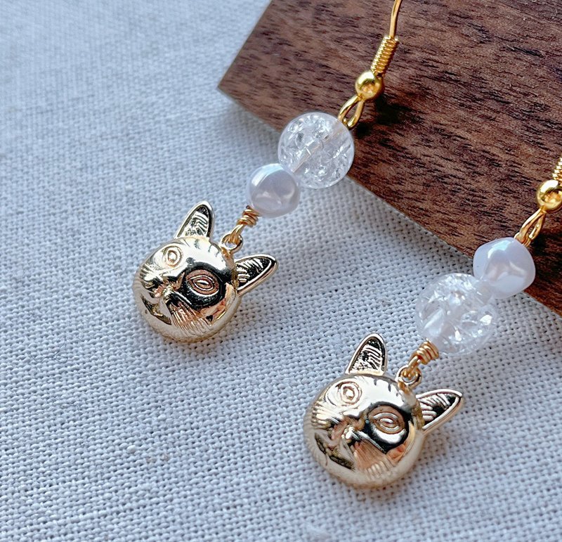 14K包真金不对称金猫耳环 - 耳环/耳夹 - 贵金属 金色