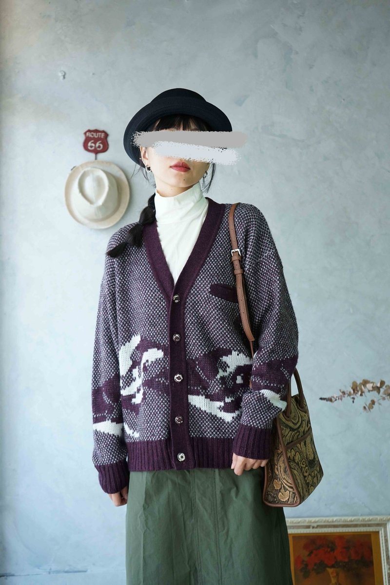 寻宝古着-神秘紫色系缇花针织开襟外套 - 女装针织衫/毛衣 - 聚酯纤维 紫色