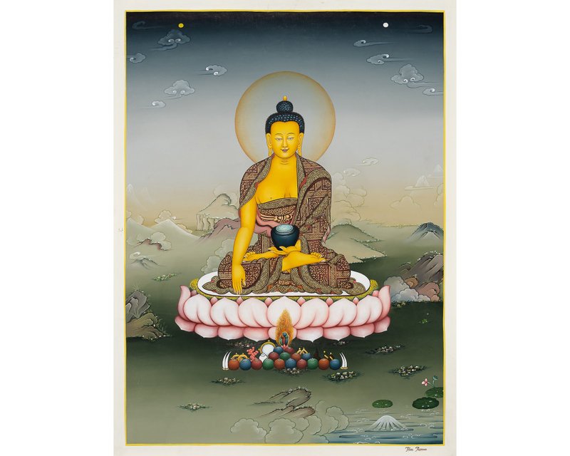 手工制作的释迦牟尼佛唐卡 – 启蒙与宁静 | 藏族唐卡艺术 | 神圣 - 红包/春联 - 其他材质 多色