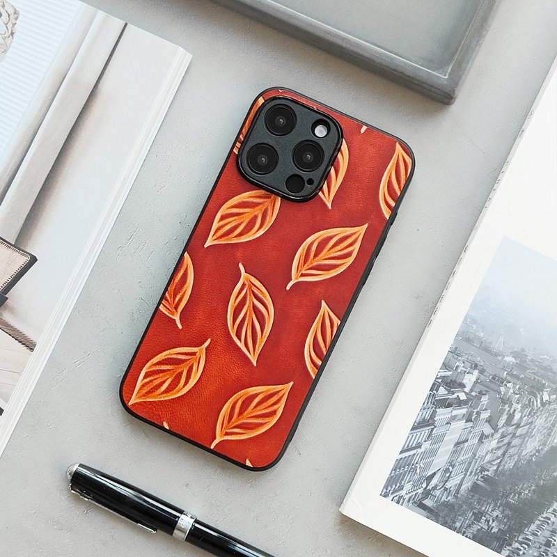 秋叶|iphone16promax手机壳真皮15plus保护套14苹果13全包防摔12 - 手机壳/手机套 - 真皮 咖啡色