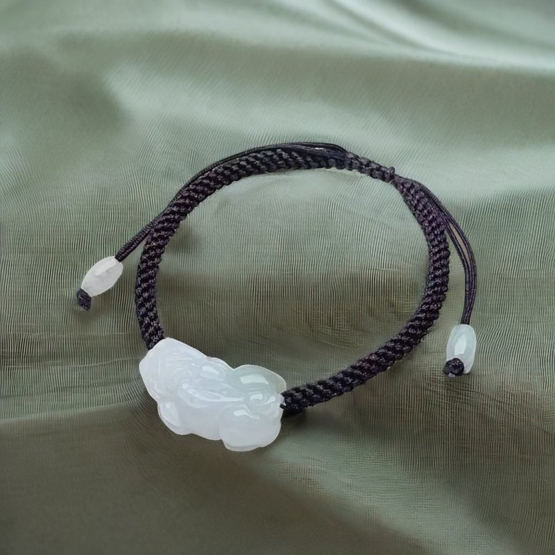 【招财神兽】冰飘绿花貔貅编织手链 | 天然缅甸玉翡翠A货 | 送礼 - 手链/手环 - 玉石 白色