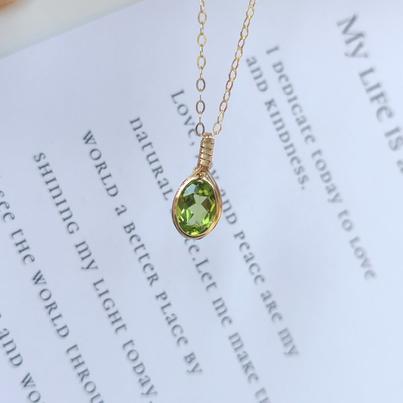 天然切面橄欖石吊墜 14k包金精緻橄欖石項鍊 橄榄石吊坠 - 项链 - 半宝石 