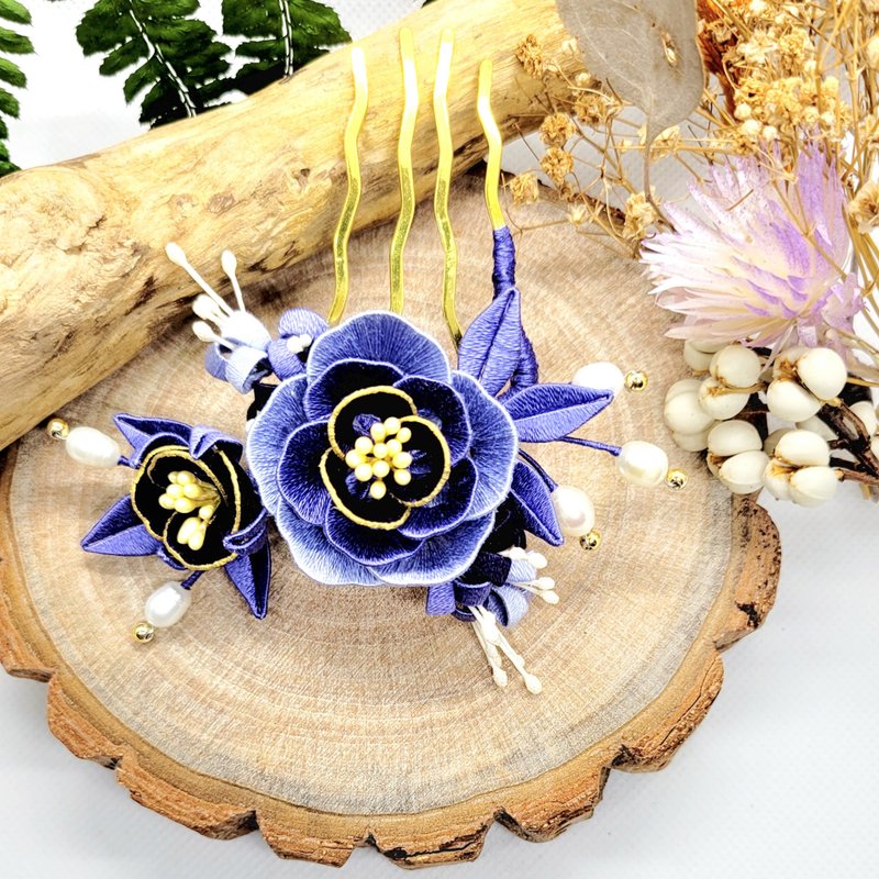 缠花 蔷薇花发梳/四齿梳(灰紫系) 春仔花 日本绣线 - 发饰 - 绣线 
