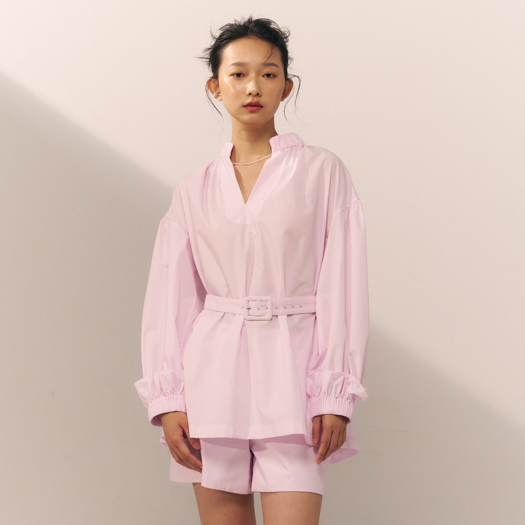 落肩澎袖腰带上衣 /粉色细直条纹 - 女装衬衫 - 其他材质 粉红色