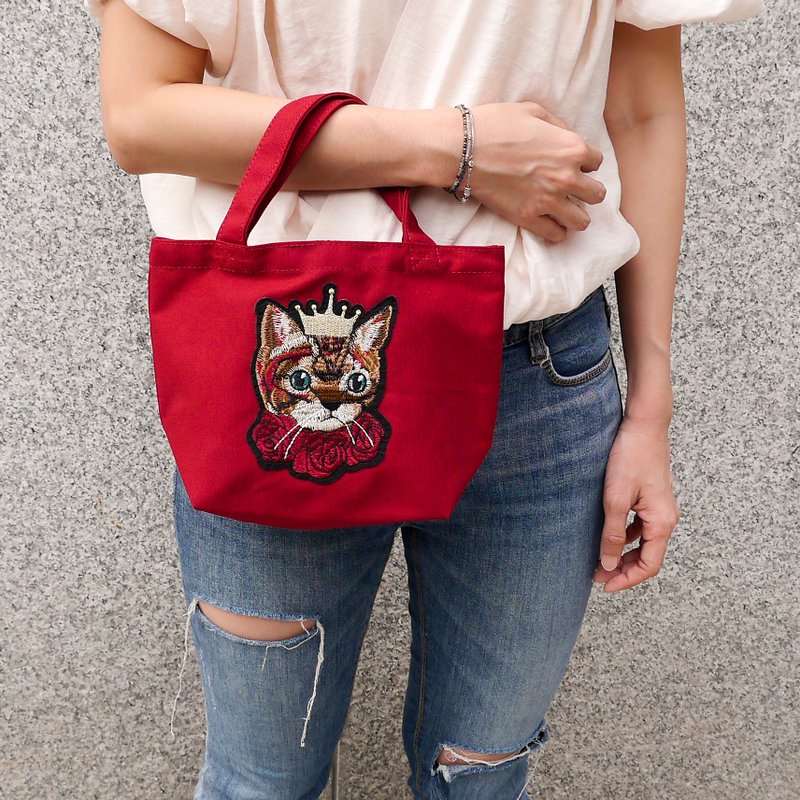 我那华丽的小帮手 - 猫咪玫瑰小帆布袋 - 红色 - 手提包/手提袋 - 棉．麻 红色